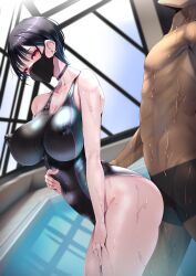Rule 34 | 1boy, 1girl, absurdres, andou you, black choker, black hair, black mask, black one-piece swimsuit, blue hair, breasts, choker, collarbone, competition swimsuit, covered erect nipples, covered navel, earrings, hand on own stomach, hand on own thigh, hetero, highres, jewelry, large breasts, male swimwear, mask, mouth mask, multicolored clothes, multicolored hair, multicolored swimsuit, one-piece swimsuit, open clothes, original, pink eyes, pool, rei no pool, ring, streaked hair, swim trunks, swimsuit, topless male, wet, wet clothes, wet swimsuit
