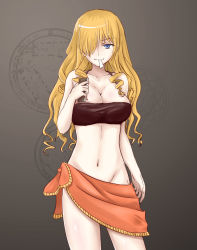 Rule 34 | &gt;:), 1girl, absurdres, bandeau, blonde hair, blue eyes, breasts, cleavage, collarbone, cowboy shot, drill hair, fmg, groin, hair over one eye, halterneck, highres, large breasts, long hair, looking at viewer, midriff, mouth hold, navel, oriana thomason, paper, sarong, smile, solo, stomach, toaru majutsu no index, v-shaped eyebrows