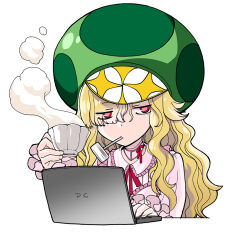 Rule 34 | 1girl, bad id, blonde hair, character request, check character, computer, cup, dress, green headwear, holding, holding cup, laptop, looking to the side, mushroom hat, nasu kinoko, neck ribbon, personification, pink dress, red eyes, red ribbon, ribbon, sasaki shounen, simple background, smoking pipe, solo, teacup, type-moon, upper body, white background