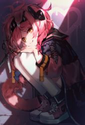 Rule 34 | 1girl, animal ears, arknights, black hairband, blue bow, blush, bow, cat ears, cat girl, cat tail, closed mouth, coat, commentary request, goldenglow (arknights), graffiti, hair bow, hairband, heart, highres, light, lightning bolt print, long hair, long sleeves, looking at viewer, multicolored coat, open clothes, open coat, pink footwear, pink hair, ribiadan, scissors, shoes, smile, sneakers, solo, squatting, tail, tears, thighhighs, two-tone coat, v, white thighhighs, yellow eyes