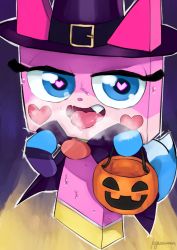 Rule 34 | 1girl, alternate costume, artist name, blue eyes, capelet, cat, fang, halloween, halloween bucket, halloween costume, hat, heart, heart-shaped pupils, karasuma234, lego, looking at viewer, open clothes, open mouth, princess unikitty, pumpkin, sexually suggestive, skull print, solo, sweat, nervous sweating, symbol-shaped pupils, tail, the lego group, the lego movie, tongue, tongue out, witch, witch hat