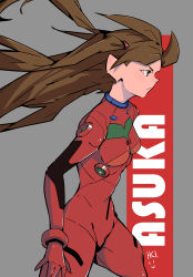 Rule 34 | 1girl, absurdres, alternate hair length, alternate hairstyle, blue eyes, bodysuit, breasts, brown hair, character name, floating hair, hci+, headgear, highres, interface headset, long hair, looking to the side, medium breasts, neon genesis evangelion, pilot suit, plugsuit, red bodysuit, shiny clothes, simple background, solo, souryuu asuka langley, two side up, very long hair