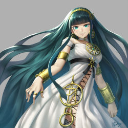 Rule 34 | 1girl, :d, armlet, bare shoulders, blunt bangs, bracelet, breasts, cleopatra (fate), cleopatra (third ascension) (fate), commentary request, dress, earrings, fate/grand order, fate (series), green eyes, green hair, hairband, highres, hoop earrings, jewelry, long hair, looking at viewer, medium breasts, navel, necklace, nhaliz, open mouth, ring, signature, smile, solo, very long hair, white dress