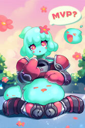 Rule 34 | + +, 1girl, aqua hair, aqua skin, armor, artist name, blush stickers, bodysuit, colored skin, commentary, creature, english commentary, flower, gloves, hair flower, hair ornament, highres, holding, holding creature, juno (omega strikers), looking at viewer, medium hair, monster girl, omega strikers, open mouth, outdoors, pauldrons, pink bodysuit, pink eyes, pink flower, pink sky, ponytail, shoulder armor, sitting, sky, slime (creature), slime (substance), slime girl, speech bubble, triangle mouth, twitter username, wakameboi, wariza