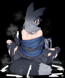 Rule 34 | 1girl, animal ears, back, bare shoulders, black background, black hair, black pantyhose, black skirt, blue jacket, emil (fafa), extra ears, fox ears, fox girl, fox tail, from behind, full body, glasses, gloves, gradient hair, grey hair, highres, holding, jacket, kemono friends, long hair, long sleeves, looking at viewer, miniskirt, multicolored hair, off shoulder, pantyhose, pleated skirt, round eyewear, sidelocks, sideways glance, silver fox (kemono friends), simple background, sitting, skirt, solo, spill, steaming body, sweat, tail, test tube, torn clothes, torn pantyhose, very long hair