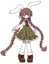 Rule 34 | 1boy, :3, animal ears, black ribbon, boots, braid, bright pupils, brown footwear, collared dress, colored skin, dress, flower, frilled dress, frills, full body, funamusea, funamusea (artist), green dress, hair flower, hair ornament, highres, long braid, long hair, looking at viewer, male focus, plaid, plaid dress, pointy ears, prune (funamusea), rabbit ears, rabbit tail, red eyes, red nails, ribbon, sidelocks, simple background, smug, solo, standing, tail, thighhighs, trap, twin braids, very long hair, white background, white flower, white pupils, white skin, white sleeves, white thighhighs