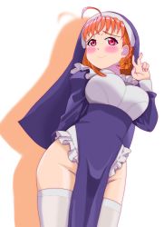Rule 34 | 1girl, absurdres, ahoge, arm behind back, arm up, blush, bow, braid, breasts, chokkakudo, dress, embarrassed, female focus, groin, hair bow, highres, large breasts, love live!, love live! sunshine!!, no panties, nun, orange bow, orange hair, purple dress, purple headwear, red eyes, short hair, smile, takami chika, thighhighs, white background, white thighhighs