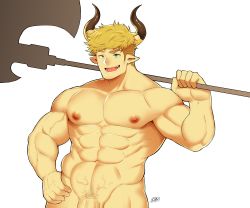 Rule 34 | 1boy, absurdres, bara, blonde hair, blush, completely nude, draph, fujimachine (clayten), granblue fantasy, green eyes, highres, horns, large pectorals, looking at viewer, male focus, muscular, nude, out-of-frame censoring, pectorals, penis, penis peek, smile, solo, toned, toned male, vane (granblue fantasy), veins