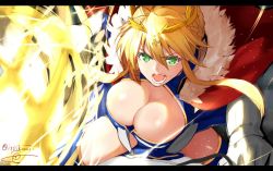 Rule 34 | 1girl, artist name, artoria pendragon (fate), artoria pendragon (lancer) (fate), blonde hair, blue leotard, braid, braided bun, breasts, cape, cleavage, cleavage cutout, clothing cutout, crown, fate/grand order, fate (series), french braid, fur-trimmed cape, fur trim, gauntlets, green eyes, hair bun, highres, huge breasts, isshiki (ffmania7), lance, leotard, open mouth, polearm, red cape, shouting, sidelocks, single hair bun, solo, swept bangs, thighs, twitter username, vambraces, weapon