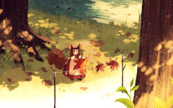 Rule 34 | 1girl, animal ears, autumn leaves, back bow, bow, brown hair, clothes pin, clothesline, commentary request, dappled sunlight, day, dress, grass, hat, hinata (echoloveloli), holding, holding leaf, leaf, long hair, nature, original, outdoors, plant, red dress, scenery, shoes, solo, squirrel ears, squirrel tail, standing, string, sunlight, tail, tree, twig, water, wide shot