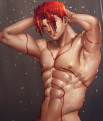 Rule 34 | 1boy, abs, bitaro, character request, copyright request, fate (series), male focus, nipples, red hair, shower, smile, solo, tattoo, water, wet