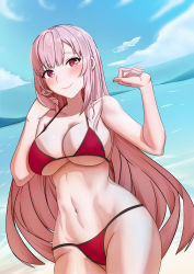 Rule 34 | 1girl, absurdres, beach, bikini, breasts, cleavage, highres, hololive, hololive english, large breasts, legs, long hair, mori calliope, navel, pink eyes, pink hair, red bikini, smile, solo, swimsuit, thighs, toned, underboob, virtual youtuber, water