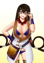 Rule 34 | 1girl, adjusting eyewear, bare shoulders, bead necklace, beads, bikini, black-framed eyewear, blush, breasts, bridal gauntlets, brown hair, cleavage, collarbone, earrings, fate/grand order, fate (series), glasses, gonoike biwa, gourd, gradient background, hair between eyes, hand on own hip, hoop earrings, japanese clothes, jewelry, kimono, large breasts, long hair, looking at viewer, necklace, open mouth, prayer beads, purple bikini, purple eyes, purple thighhighs, short kimono, sleeveless, sleeveless kimono, smile, solo, swimsuit, thighhighs, white kimono, xuangzang sanzang (fate), yellow background