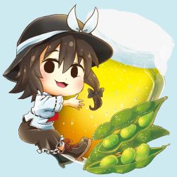 Rule 34 | :3, alcohol, beer, beer mug, boots, bow, brown hair, chamaji, chibi, commentary request, condensation, cross-laced footwear, cup, edamame, foam, frills, hair between eyes, hair bow, hat, hat ribbon, highres, hug, lace-up boots, looking at viewer, mug, open mouth, ribbon, short hair, short sleeves, simple background, skirt, solid circle eyes, solo, touhou, usami renko