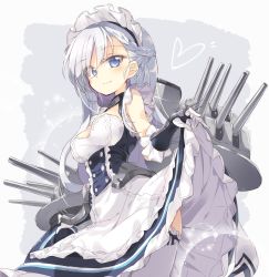 Rule 34 | 1girl, azur lane, bare shoulders, belfast (azur lane), black bow, black ribbon, blue eyes, blush, bow, braid, breasts, cannon, chain, choker, clothes lift, commentary request, cowboy shot, dress, dress lift, gloves, heart, lifted by self, long hair, looking at viewer, maid headdress, medium breasts, ribbon, satou kibi, silver hair, simple background, skirt, skirt lift, smile, solo, thighhighs, turret, white background, white thighhighs