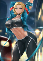 Rule 34 | 1girl, arms up, bare shoulders, black bra, black gloves, black pants, blonde hair, blue eyes, blue jacket, blush, bra, breasts, cammy white, cleavage, collarbone, crop top, cyicheng, facial scar, fingerless gloves, gloves, jacket, large breasts, looking at viewer, navel, open clothes, open jacket, pants, scar, scar on cheek, scar on face, short hair, solo, street fighter, street fighter 6, thighs, tight clothes, tight pants, toned, underwear