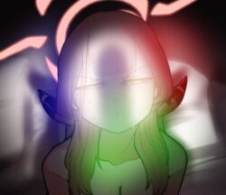 Rule 34 | 1girl, aru (blue archive), bloom, blue archive, blush, breasts, cleavage, collarbone, demon horns, guman project, half-closed eyes, halo, horns, long hair, looking at viewer, medium breasts, open mouth, pink hair, rgb lights, solo, sweat, v-shaped eyebrows, yellow eyes