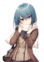 Rule 34 | 1girl, bad id, bad pixiv id, bag, blue eyes, blue hair, breasts, brown coat, brown shirt, closed mouth, coat, commentary request, fringe trim, grey neckwear, grey skirt, hair between eyes, hands up, head tilt, highres, kinona, long hair, long sleeves, open clothes, open coat, original, pleated skirt, scarf, shirt, shoulder bag, simple background, skirt, small breasts, smile, solo, white background, white scarf