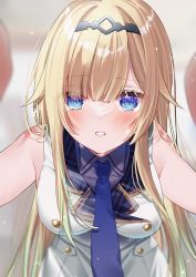 Rule 34 | 1girl, aizawa ema, armpits, bare shoulders, blonde hair, blue eyes, blue necktie, blunt bangs, blush, breasts, commentary request, crying, crying with eyes open, dress, grey shirt, hair over shoulder, hairband, highres, long hair, looking at viewer, medium breasts, necktie, open mouth, parted bangs, pleated dress, pleated shirt, pome charo, shirt, sidelocks, sleeveless, sleeveless dress, sleeveless shirt, solo, teardrop, tearing up, tears, teeth, virtual youtuber, vspo!, white dress