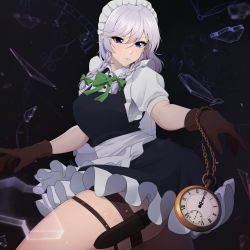 Rule 34 | 1girl, absurdres, black background, blue eyes, bow, braid, breasts, broken glass, frills, glass, gloves, green bow, hair bow, highres, izayoi sakuya, knife, large breasts, looking at viewer, maid, maid headdress, pocket watch, short hair, short sleeves, skirt, solo, thigh strap, thighs, touhou, umisaki, watch, white hair