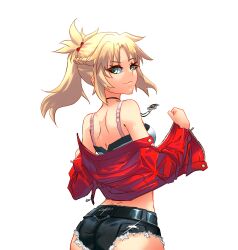 Rule 34 | 1girl, absurdres, ass, blonde hair, breasts, cropped jacket, ctx9, denim, denim shorts, fate/grand order, fate (series), green eyes, hair ornament, hair scrunchie, half up braid, highres, jacket, jewelry, long hair, long sleeves, looking at viewer, looking back, micro shorts, mordred (fate), mordred (fate/apocrypha), mordred (memories at trifas) (fate), necklace, open clothes, open jacket, parted bangs, ponytail, red jacket, red scrunchie, scrunchie, shorts, simple background, small breasts, solo, white background