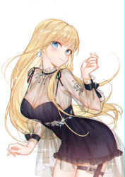 Rule 34 | 1girl, absurdres, alternate hairstyle, bead necklace, beads, black dress, black ribbon, blonde hair, blue eyes, blush, breasts, cleavage, closed mouth, commentary, cowboy shot, diamond earrings, dress, earrings, english commentary, eyelashes, frilled dress, frills, highres, hololive, hololive english, jewelry, leaning forward, long hair, looking at viewer, medium breasts, mole, mole on breast, necklace, official alternate costume, ribbon, see-through, see-through sleeves, short dress, simple background, smile, smilesmile1312, solo, spaghetti strap, sparkle, thigh strap, virtual youtuber, watch, watson amelia, watson amelia (party dress), white background, wrist ribbon, wristwatch