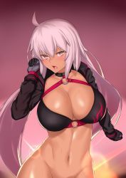 Rule 34 | 1girl, ahoge, aster crowley, backlighting, bikini, black bikini, black gloves, black jacket, blush, bottomless, breasts, choker, cleavage, collarbone, cropped jacket, fate/grand order, fate (series), gloves, gradient background, hair between eyes, highres, hip focus, jacket, jeanne d&#039;arc alter (swimsuit berserker) (fate), jeanne d&#039;arc (fate), jeanne d&#039;arc alter (fate), jeanne d&#039;arc alter (swimsuit berserker) (fate), large breasts, lens flare, long hair, looking at viewer, navel, open mouth, shrug (clothing), solo, swimsuit, tan, very long hair, yellow eyes