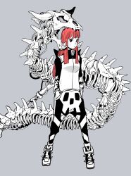 Rule 34 | 1girl, acky bright, grey background, hand in pocket, highres, horns, jacket, mecha, mechanical arms, mechanical parts, original, red hair, robot, simple background, skeleton, skeleton print, skull and crossbones, spikes, spine