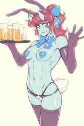 Rule 34 | 1girl, :3, abs, alcohol, animal ears, aoi (ittla), beer, beer mug, black gloves, blue bow, blue skin, blush, bow, breasts, colored skin, commentary, cup, detached collar, elbow gloves, english commentary, facial tattoo, fake animal ears, gloves, groin, hair bow, hand up, heart pasties, highres, holding, holding tray, horns, ittla, long hair, looking at viewer, medium breasts, mug, muscular, muscular female, navel, oni, original, panties, pasties, pointy ears, ponytail, rabbit ears, rabbit tail, red hair, simple background, skin-covered horns, slit pupils, smile, solo, stomach, tail, tattoo, thick eyebrows, thighhighs, tray, underwear, waving, yellow background, yellow eyes, ||/