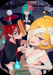 Rule 34 | 3girls, aqua hair, bandage over one eye, bandages, black footwear, black headwear, black jacket, black skirt, blonde hair, blue eyes, blush, breast hold, breasts, car, chinese clothes, commentary, english commentary, fang, hair over one eye, halloween costume, hands up, hat, highres, hipa (some1else45), holding, horns, jacket, jiangshi costume, long hair, long sleeves, looking at viewer, mask, mask on head, medium breasts, medium hair, motor vehicle, multiple girls, mummy costume, nahia (some1else45), night, nude, office lady, ofuda, ofuda on head, open mouth, original, outdoors, parted bangs, pink eyes, qingdai guanmao, red hair, red headwear, sekoshi (some1else45), shadow, short eyebrows, skirt, some1else45, sweatdrop, thick eyebrows, thighhighs, trick-or-treating, tsurime, two-tone headwear, white thighhighs