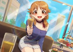 Rule 34 | 1girl, alcohol, ascot, belt, blurry, blurry foreground, blush, breasts, brown eyes, brown hair, burger, champagne, champagne flute, cityscape, cleavage, collarbone, couch, cowboy shot, cup, dress, drinking glass, dutch angle, earrings, fingernails, food, foreshortening, glass, gold, idolmaster, idolmaster cinderella girls, interior, jewelry, kamille (vcx68), katagiri sanae, leaning forward, long sleeves, looking at viewer, medium breasts, off-shoulder shirt, off shoulder, open mouth, pastry, pencil dress, pencil skirt, reaching, reaching towards viewer, shirt, short twintails, sitting, skirt, sky, smile, solo, thighs, twintails, window