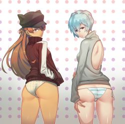 Rule 34 | 10s, 2girls, ass, ayanami rei, back cutout, backless outfit, blue hair, clothing cutout, evangelion: 3.0 you can (not) redo, eyepatch, harabacho (gkfkqkch1), jacket, looking back, multiple girls, neon genesis evangelion, no pants, panties, polka dot, polka dot panties, rebuild of evangelion, red hair, short hair, souryuu asuka langley, striped clothes, striped panties, sweater, underwear