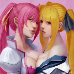 Rule 34 | 2girls, artist name, bare shoulders, blonde hair, blue eyes, bow, braid, breast press, breasts, fate testarossa, hair between eyes, hair bow, hair ornament, hair ribbon, large breasts, long hair, looking at viewer, lyrical nanoha, mahou shoujo lyrical nanoha, mahou shoujo lyrical nanoha strikers, medium breasts, multiple girls, no bra, open clothes, pink background, pink hair, ponytail, red eyes, ribbon, signum, simple background, symmetrical docking, twintails, upper body, yuri