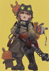 Rule 34 | 1girl, angry, arknights, backpack, bag, black bag, black footwear, black gloves, brown eyes, brown hair, brown pants, brown shirt, chipmunk tail, commentary, full body, gloves, goggles, goggles on headwear, gun, halloween costume, helmet, highres, holding, holding gun, holding weapon, humidasi79, id card, official alternate costume, open mouth, pants, pumpkin, pumpkin on head, shaw (arknights), shaw (cleansweeper in the castle) (arknights), shirt, short hair, simple background, solo, stuffed animal, stuffed toy, sweatdrop, v-shaped eyebrows, weapon, yellow background