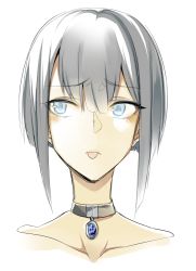 Rule 34 | 1girl, :p, blue eyes, bob cut, doko tetora, frown, grey choker, inverted bob, jewelry, looking away, looking to the side, original, pendant, portrait, rei (doko tetora), short hair, sidelocks, simple background, solo, tongue, tongue out, white background