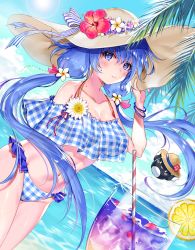 Rule 34 | 1girl, bare shoulders, beach, bikini, blue bikini, blue eyes, blush, breasts, checkered bikini, checkered clothes, cleavage, closed mouth, cloud, collarbone, drink, female focus, flower, food, frilled bikini, frills, fruit, hand up, hat, hat flower, hibiscus, highres, holding, holding clothes, holding hat, large breasts, leaf, lemon, lemon slice, long hair, looking at viewer, navel, ocean, off shoulder, pink flower, shironeko project, sky, solo, stomach, swimsuit, tatejima uri, towa (shironeko project), twintails, water, white flower