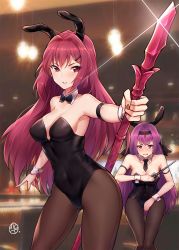 Rule 34 | 2girls, animal ears, bare shoulders, black thighhighs, blush, bow, breasts, cleavage, commentary request, covered navel, fake animal ears, fate/grand order, fate (series), hair between eyes, hair ornament, hairclip, highres, holding, holding polearm, holding spear, holding sword, holding weapon, hua-j, large breasts, leotard, long hair, looking at viewer, multiple girls, nail polish, pantyhose, pink nails, playboy bunny, polearm, purple hair, rabbit ears, red eyes, scathach (fate), scathach skadi (fate), spear, sword, thighhighs, tiara, weapon