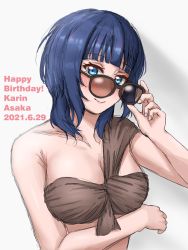Rule 34 | 1girl, arm between breasts, artist name, artist request, asaka karin, bandeau, bare shoulders, blue eyes, blue hair, blush, breasts, brown bandeau, collarbone, dark blue hair, female focus, glasses, highres, holding, holding glasses, looking at viewer, love live!, love live! nijigasaki high school idol club, medium breasts, medium hair, mole, mole on body, mole on breast, nail, nail polish, parted lips, pink nails, pink nails, short hair, smile, solo, upper body, white background