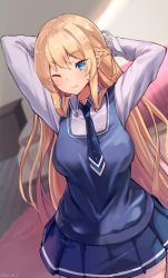 Rule 34 | 1girl, ;), arms behind head, arms up, azur lane, bed, blonde hair, blue eyes, blue necktie, blue skirt, blue vest, blurry, blurry background, blush, braid, breasts, carpet, closed mouth, collared shirt, commentary request, cowboy shot, depth of field, dutch angle, french braid, glorious (azur lane), glorious (glorious school life) (azur lane), hairdressing, highres, indoors, large breasts, long hair, long sleeves, miniskirt, necktie, one eye closed, pleated skirt, shirt, skirt, smile, solo, straight hair, twitter username, v-shaped eyebrows, very long hair, vest, white legwear, wing collar, yu ni t