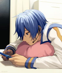Rule 34 | 1boy, bed, blue eyes, blue hair, blue nails, cellphone, commentary, expressionless, hair between eyes, headpiece, highres, holding, holding phone, indoors, kaito (vocaloid), looking at phone, lying, male focus, nail polish, nokuhashi, on bed, on stomach, phone, pillow, short hair, vocaloid