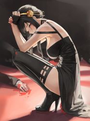 Rule 34 | 1girl, absurdres, bare shoulders, black dress, black hair, blood, blush, boots, breasts, dolri, dress, earrings, flower, gloves, hair flower, hair ornament, hairband, high heel boots, high heels, highres, holding, jewelry, large breasts, long hair, looking at viewer, red eyes, spy x family, tagme, weapon, yor briar
