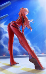 Rule 34 | 1girl, ass, blue eyes, blue sky, bodysuit, breasts, brown hair, foreshortening, full body, hands on own knees, long hair, looking at viewer, neon genesis evangelion, outdoors, plugsuit, puppnet, red bodysuit, shiny clothes, simple background, sitting, skin tight, sky, solo, souryuu asuka langley, standing, two side up, wide hips