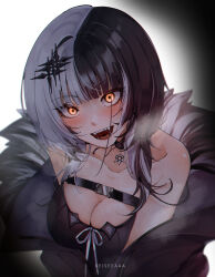 Rule 34 | 1girl, absurdres, artist name, black hair, blush, breasts, chest belt, choker, cleavage, coat, fang, fur trim, glowing, glowing eyes, grey hair, hair ornament, heavy breathing, highres, hololive, hololive english, keisea, looking at viewer, medium breasts, open mouth, shiori novella, shiori novella (1st costume), simple background, smile, solo, two side up, upper body, virtual youtuber, yellow eyes