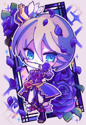 Rule 34 | 1girl, androgynous, blue eyes, boots, chibi, closed mouth, crown, flower, full body, grey hair, hair between eyes, hand up, highres, jacket, juliet sleeves, knee boots, kohinata kanoo, long sleeves, looking at viewer, mouth hold, pants, petals, pointing, pointing at viewer, pretty series, pripara, puffy sleeves, purple flower, purple jacket, purple rose, reverse trap, rose, shikyoin hibiki, short hair, smile, solo, white pants