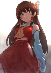 Rule 34 | 1girl, absurdres, ascot, bare hips, bare shoulders, blush, bow, breasts, brown hair, closed mouth, clothing cutout, collared shirt, commentary request, cowboy shot, detached sleeves, expressionless, frilled bow, frilled hair tubes, frills, hair bow, hair tubes, hakurei reimu, highres, hip vent, long hair, looking at viewer, looking down, medium bangs, medium breasts, midriff, navel, red bow, red eyes, red shirt, red skirt, ribbon-trimmed skirt, ribbon trim, sarashi, shirt, side cutout, sidelocks, simple background, skirt, skirt set, sleeveless, sleeveless shirt, smile, solo, sotatsudraw, touhou, white background, white sleeves, yellow ascot