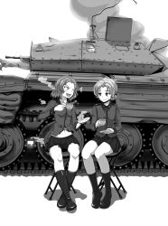 Rule 34 | 2girls, boots, bow, braid, chair, crusader (tank), cup, emblem, epaulettes, folding chair, girls und panzer, greyscale, hair bow, highres, holding, holding cup, holding saucer, insignia, jacket, long sleeves, medium hair, military, military uniform, military vehicle, miniskirt, monochrome, motor vehicle, multiple girls, notice lines, one eye closed, open mouth, orange pekoe (girls und panzer), parted bangs, pleated skirt, rosehip (girls und panzer), saucer, shadow, short hair, sitting, skirt, smile, smoke, st. gloriana&#039;s (emblem), st. gloriana&#039;s military uniform, sweatdrop, tank, teacup, twin braids, uniform, v-shaped eyebrows, yaruku
