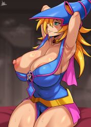 Rule 34 | 1girl, absurdres, areola slip, armpits, arms up, blonde hair, blush, breasts, breasts out, cameltoe, cleft of venus, closed mouth, dark magician girl, dress, green eyes, hat, highres, huge breasts, jmg, nipples, one breast out, puffy nipples, shiny skin, sitting, solo, witch hat, yu-gi-oh!