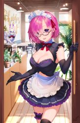 Rule 34 | 1girl, absurdres, alternate costume, apron, artist name, black-framed eyewear, black dress, black gloves, black thighhighs, breasts, bridal garter, chair, cleavage, cleavage cutout, clothing cutout, creature, dress, elbow gloves, eyes visible through hair, fate/grand order, fate (series), fou (fate), frilled dress, frills, glasses, gloves, hair ornament, hair over one eye, hair ribbon, highres, indoors, large breasts, looking at viewer, lucidsky, maid, maid headdress, mash kyrielight, navel cutout, parted lips, pink hair, purple eyes, red ribbon, ribbon, shiny skin, short hair, signature, simple background, single thighhigh, sleeveless, smile, solo, thighhighs, waist apron, white apron, wooden floor