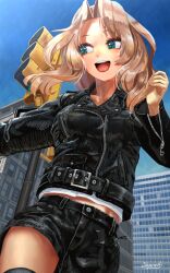 Rule 34 | 1girl, :d, abazu-red, aqua eyes, belt, black belt, black jacket, black shorts, blonde hair, blue sky, day, floating hair, from below, girls und panzer, hair intakes, jacket, kay (girls und panzer), long hair, long sleeves, looking to the side, open mouth, outdoors, short shorts, shorts, signature, sky, smile, solo, zipper