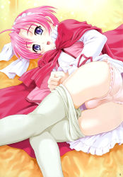 Rule 34 | 00s, 1girl, ahoge, ass, bed, blue eyes, blush, clothes pull, embarrassed, frilled panties, frills, hairband, highres, kiddy grade, lace, lace-trimmed panties, lace trim, looking back, lying, maid, maruto!, on side, open mouth, panties, pantyhose, pantyhose pull, pink hair, pink panties, short hair, trefoil, underwear, undressing, viola (kiddy grade), white pantyhose